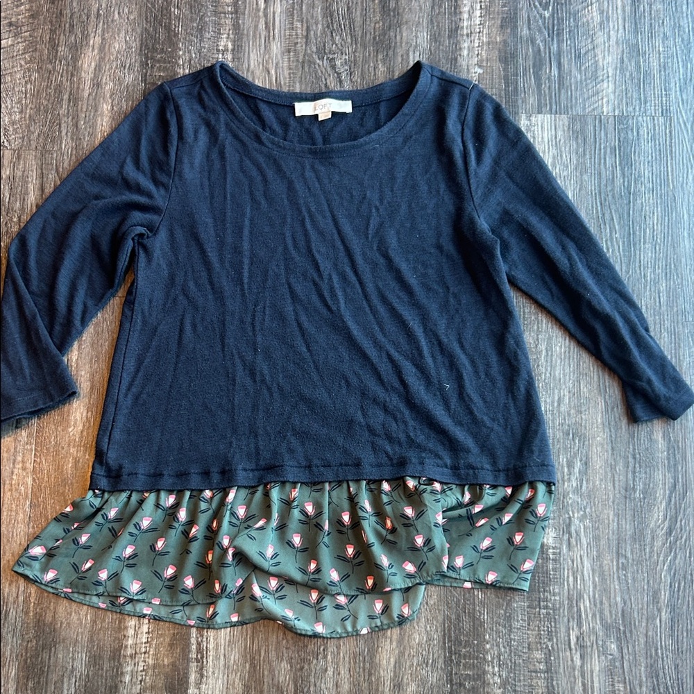 LOFT Navy Long-Sleeve Top with Green Floral Ruffle Hem